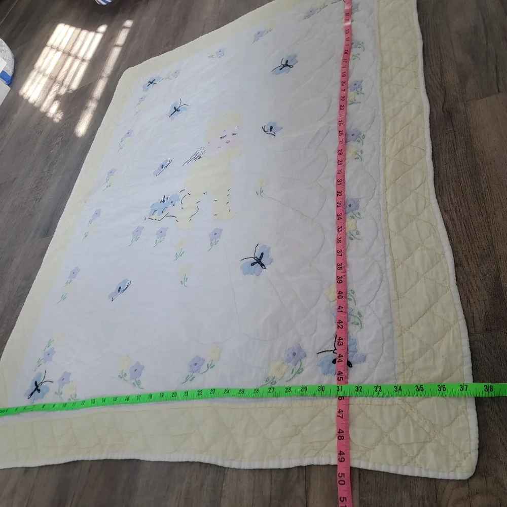 Vintage Handmade Hand Quilted Baby Quilt Blanket Embroidery Nursery 37”x49”